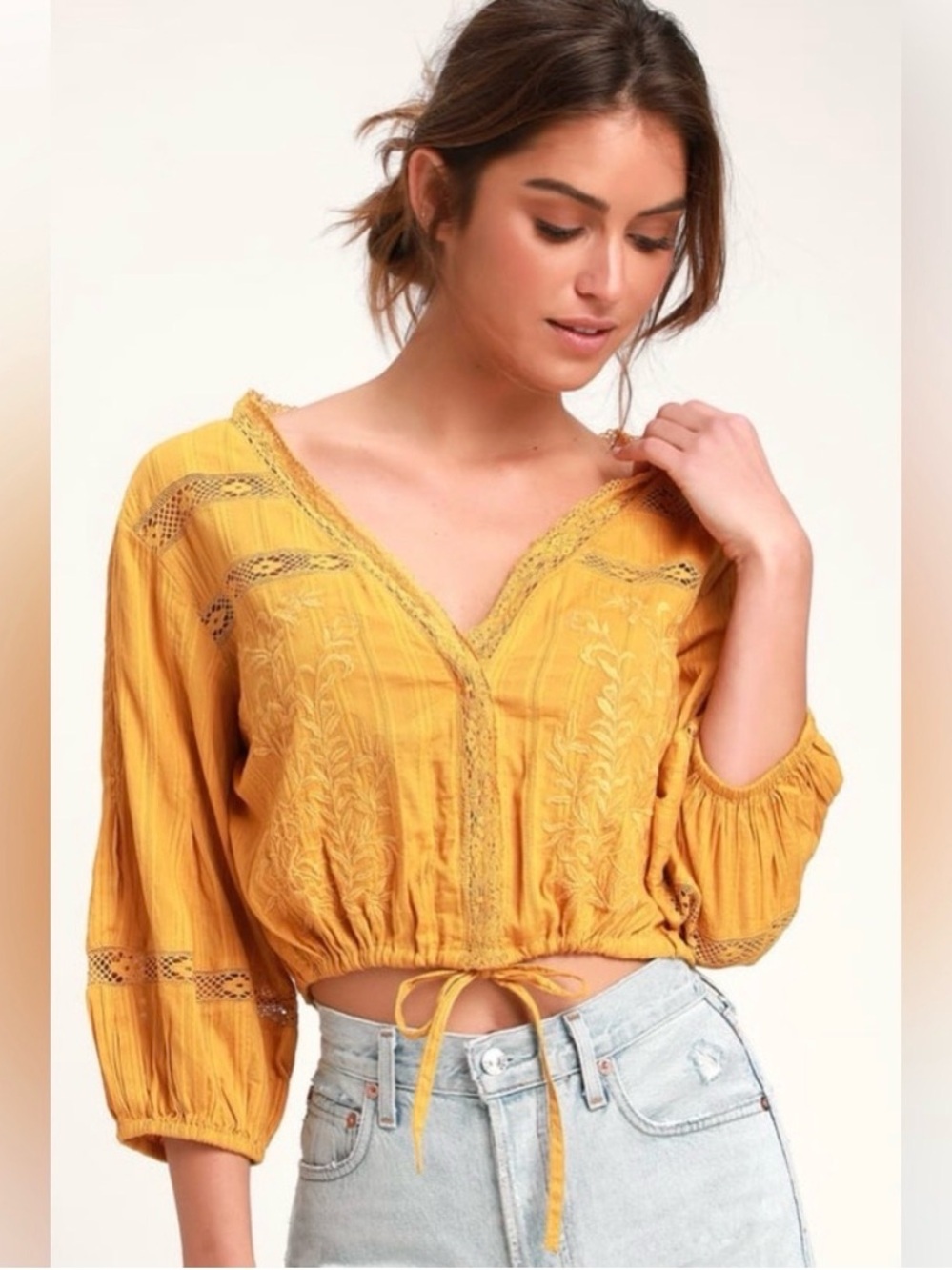 Free People Mustard Yellow Follow Your Heart Embroidered Peasant Blouse